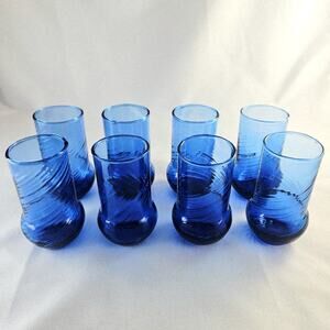 Juice Glasses Cups Set 8 VTG Handblown Cobalt Blue Art Glass Optic Swirl 4oz
